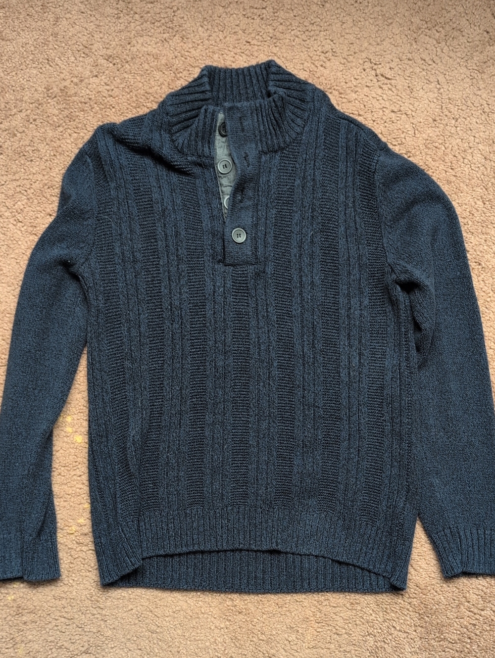 Men's Navy Button-Placket Cable Knit Sweater